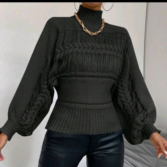 Luxe Mock Neck Cable Knit Lantern Sleeve Sweater Top - Picture 4 of 7